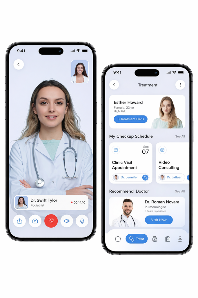 Doctor Appointment App Development mobile app UI showcasing video consultation with a doctor, patient treatment dashboard, checkup schedule, clinic visit booking, video consulting, and recommended doctors in a clean, modern healthcare app design.