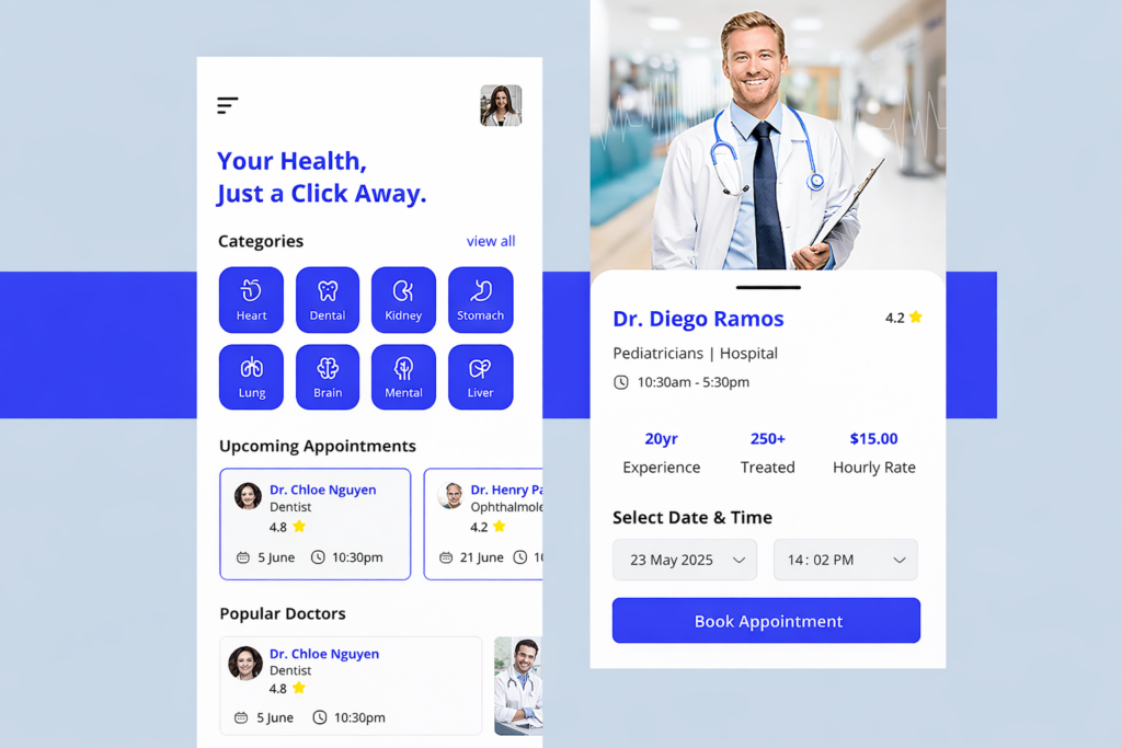 Doctor Appointment App Development mobile UI design showing healthcare categories, upcoming appointments, and a detailed doctor profile with experience, ratings, availability, and appointment booking feature in a clean, modern medical app interface.