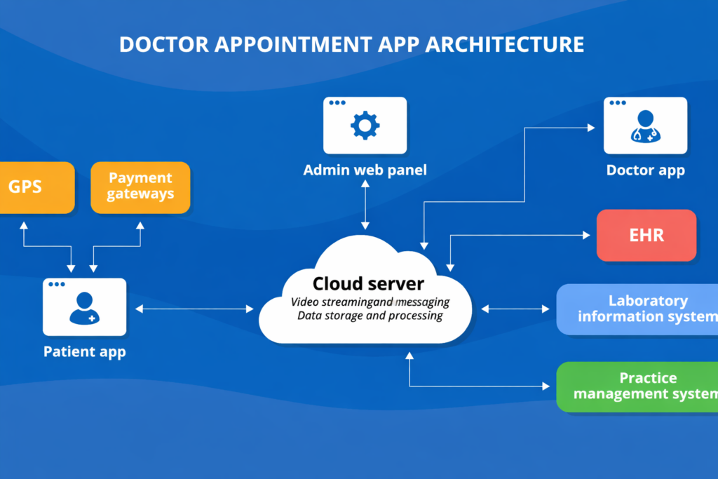 Doctor Appointment App Development architecture diagram showing patient app, doctor app, admin panel, cloud server, EHR integration, laboratory system, practice management system, GPS, and payment gateway connectivity in a modern healthcare app ecosystem.